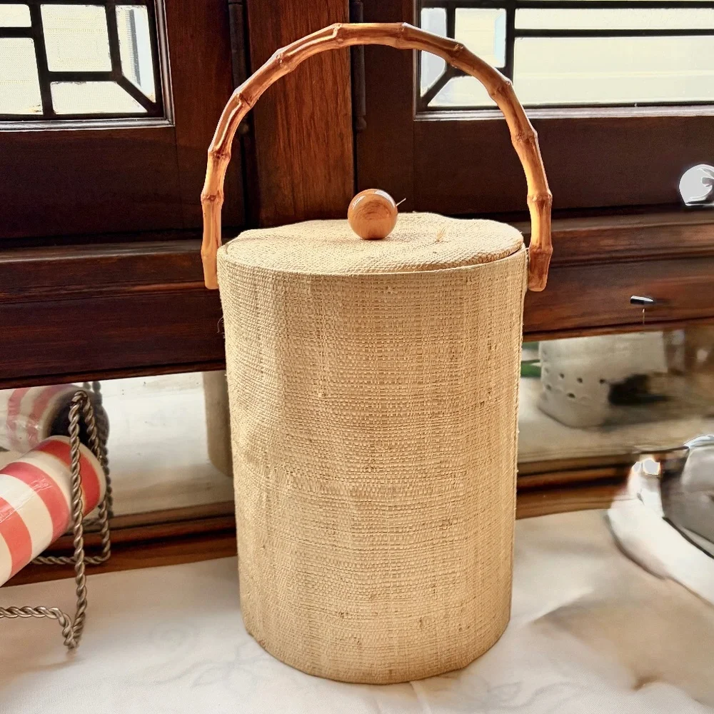 Vintage MCM GrassCloth Raffia Burlap Ice Bucket Bamboo Handle Tiki Bar Tropical